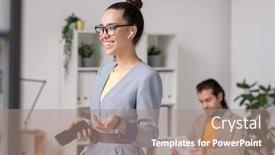  Presentation with worker - Colorful theme enhanced with young-cheerful-female-office-worker backdrop and a coral colored foreground