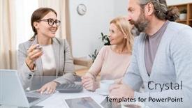  Presentation with possibilities - Cool new slide deck with young cheerful financial advisor or agent consulting mature husband and wife about possibilities for retired people backdrop and a light blue colored foreground