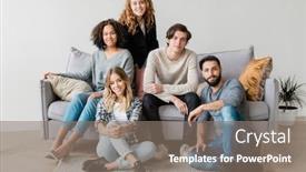 Presentation with friendly - Presentation theme having young cheerful friendly guys and girls in casualwear enjoying leisure at home while sitting on couch by wall background and a gray colored foreground