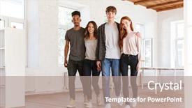  Presentation with students - PPT theme featuring young cheerful friends students walking background and a coral colored foreground