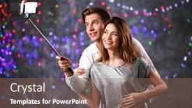  Presentation with selfie - Slide deck having young cheerful friends taking selfie on blurred colourful lights background background and a violet colored foreground