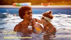  Presentation with cheerful - Audience pleasing presentation theme consisting of young-cheerful-girl-and-men backdrop and a tawny brown colored foreground