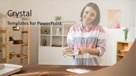  Presentation with flour - PPT theme enhanced with young cheerful housewife sifting flour background and a soft green colored foreground