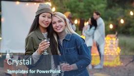  Presentation with females - Audience pleasing presentation theme consisting of young-cheerful-intercultural-females backdrop and a ocean colored foreground