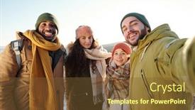  Presentation with intercultural - PPT theme featuring young-cheerful-intercultural-friends background and a tawny brown colored foreground