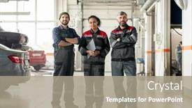  Presentation with maintenance - Slides having young-cheerful-intercultural-workers background and a mint green colored foreground