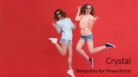  Presentation with ladies power - Slide deck enhanced with young cheerful ladies friends jumping background and a red colored foreground