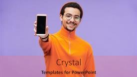  Presentation with announcement - PPT theme with young-cheerful-man-in-casualwear background and a  colored foreground