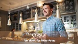  Presentation with cheerful - Presentation theme featuring young cheerful man in workwear standing in modern cafeteria with counter on background background and a tawny brown colored foreground