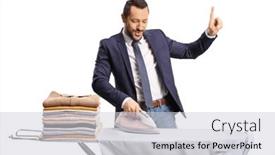  Presentation with ironing - Presentation design consisting of young-cheerful-man-ironing background and a  colored foreground
