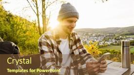  Presentation with man sitting bench - PPT theme featuring young-cheerful-man-tourist background and a tawny brown colored foreground