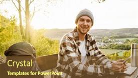  Presentation with man sitting bench - Presentation consisting of young-cheerful-man-tourist background and a tawny brown colored foreground