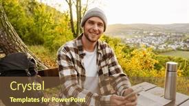  Presentation with man sitting bench - PPT theme featuring young-cheerful-man-tourist background and a  colored foreground