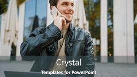  Presentation with leather - Presentation theme having young-cheerful-man-wearing-leather background and a ocean colored foreground