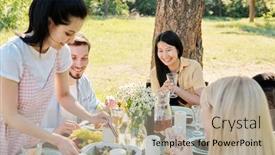  Presentation with multicultural - Colorful slide set enhanced with young-cheerful-multicultural-friends-looking backdrop and a mint green colored foreground