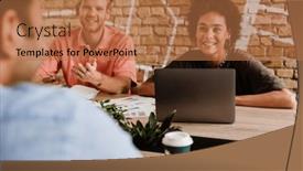  Presentation with project - PPT theme with young-cheerful-multinational-colleagues-discussing background and a coral colored foreground