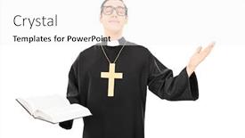  Presentation with god - Cool new PPT layouts with young cheerful priest praying to god isolated on white background backdrop and a white colored foreground