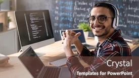  Presentation with new office - PPT theme consisting of young-cheerful-programmer-with-headphones background and a tawny brown colored foreground