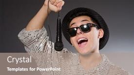  Presentation with singer - Beautiful PPT theme featuring young cheerful singer with microphone backdrop and a coral colored foreground