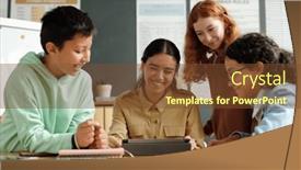  Presentation with new teacher - Presentation theme featuring young-cheerful-teacher-and-group and a tawny brown colored foreground