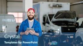  Presentation with service technician - Colorful presentation theme enhanced with young cheerful technician of machine repair service in workwear looking at you with smiles in workshop backdrop and a ocean colored foreground