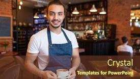  Presentation with waiter - PPT theme enhanced with young-cheerful-waiter-in-white background and a tawny brown colored foreground