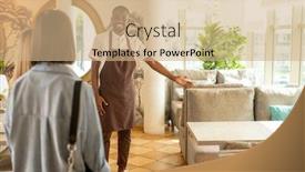  Presentation with restaurant waiter - PPT layouts enhanced with young-cheerful-waiter-in-workwear background and a coral colored foreground