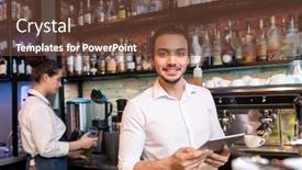  Presentation with waiter - Cool new theme with young-cheerful-waiter-with-touchpad backdrop and a tawny brown colored foreground