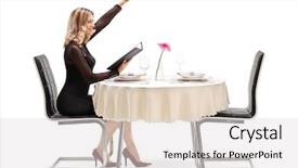  Presentation with restaurant waiter - Cool new slide set with young cheerful woman calling a waiter seated at a restaurant table isolated on white background backdrop and a light gray colored foreground
