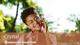  Presentation with phone - Colorful slide set enhanced with young-cheerful-woman-chit-chatting backdrop and a red colored foreground
