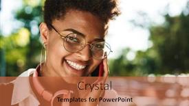  Presentation with phone - Cool new slide deck with young-cheerful-woman-chit-chatting backdrop and a red colored foreground