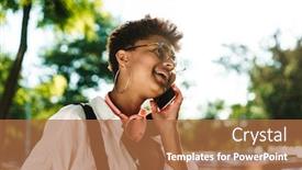 Presentation with phone - PPT theme featuring young-cheerful-woman-chit-chatting background and a coral colored foreground