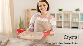  Presentation with apron harvest - Audience pleasing slide deck consisting of young cheerful woman in apron backdrop and a soft green colored foreground