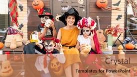  Presentation with spooky - Amazing PPT theme having young-cheerful-woman-in-witch backdrop and a coral colored foreground