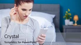  Presentation with listening woman - Beautiful PPT theme featuring young cheerful woman shuffling songs backdrop and a  colored foreground