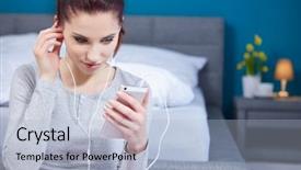  Presentation with christmas music for text - Amazing slide set having young cheerful woman shuffling songs backdrop and a  colored foreground