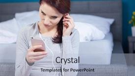  Presentation with listening woman - Presentation design consisting of young cheerful woman shuffling songs background and a  colored foreground