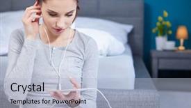  Presentation with christmas music for text - Beautiful PPT theme featuring young cheerful woman shuffling songs backdrop and a  colored foreground