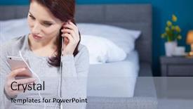  Presentation with listening woman - Colorful presentation design enhanced with young cheerful woman shuffling songs backdrop and a  colored foreground