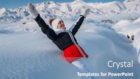  Presentation with falling snow - Presentation theme consisting of young-cheerful-woman-tourist-falling background and a seafoam green colored foreground