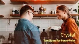  Presentation with employee training - PPT layouts enhanced with young-cheerful-woman-wearing-apron background and a tawny brown colored foreground
