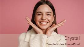  Presentation with cheerful - PPT theme featuring young-cheerful-woman-wearing-sweater and a  colored foreground