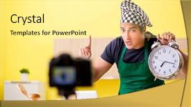  Presentation with food preparation - PPT theme with young chef blogger explaining food background and a  colored foreground