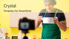  Presentation with food preparation - Theme enhanced with young chef blogger explaining food background and a blonde colored foreground