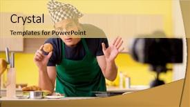  Presentation with food preparation - Audience pleasing PPT theme consisting of young chef blogger explaining food backdrop and a blonde colored foreground
