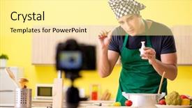  Presentation with blogger - Colorful PPT layouts enhanced with young chef blogger explaining food backdrop and a blonde colored foreground