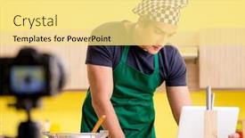  Presentation with food preparation - Beautiful theme featuring young-chef-blogger-explaining-food backdrop and a yellow colored foreground