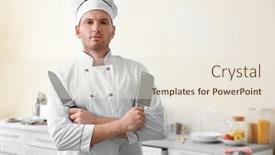  Presentation with knives - Colorful presentation theme enhanced with young chef cook holding knives in kitchen backdrop and a lemonade colored foreground