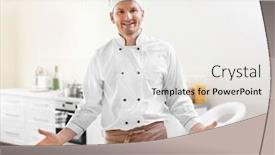  Presentation with cook chef - PPT layouts featuring young chef cook with different dishes in kitchen background and a sky blue colored foreground
