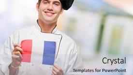  Presentation with chef - Slide deck with young chef holding french flag background and a light blue colored foreground
